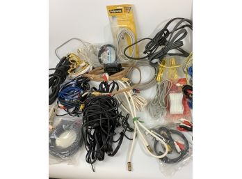 Box Full Of Computer/ Telephone Etc Cords And Cables.