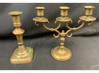 19th C Brass Push Up Candlesticks/ Vintage 3 Candle Candleabra