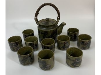 Asian Pottery Teapot/ Twig Handle & 10 Cups