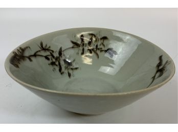 Asian Green Bowl With Brown Floral Decoration
