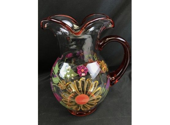 Decorative Hand Painted Glass Flower Picture With Red Glass Accents, 10 Inches Tall