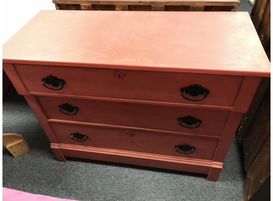Old Red Painted Wood Three Drawer Dresser