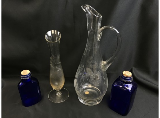 2 Dark Blue Bottles, Phillips Magnesium Tablets, Etch Glass Vase And Pitcher, Romania