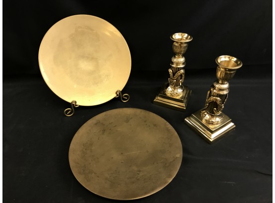 2 Large Brass Footed Candle Drip Plates And 2 Brass Candlesticks