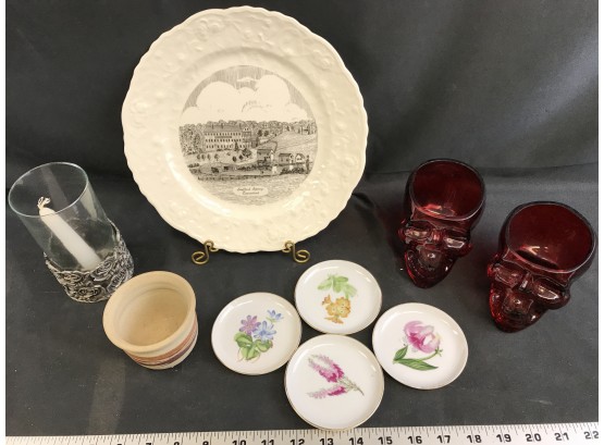 Miscellaneous Lot 1976 Stafford Springs Connecticut Plates, Small Red Glass Skull Containers, Candleholder,
