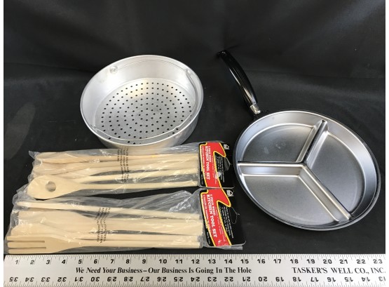 Everly 3 Tier Pan, Steam Pan, Two Packages Five Piece Wood Kitchen Tool Sets