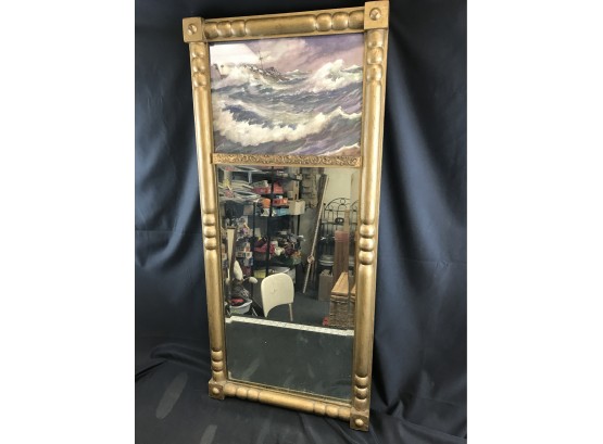 Vintage Mirror With Picture Of Ship And Heavy Seas, 37 X 17