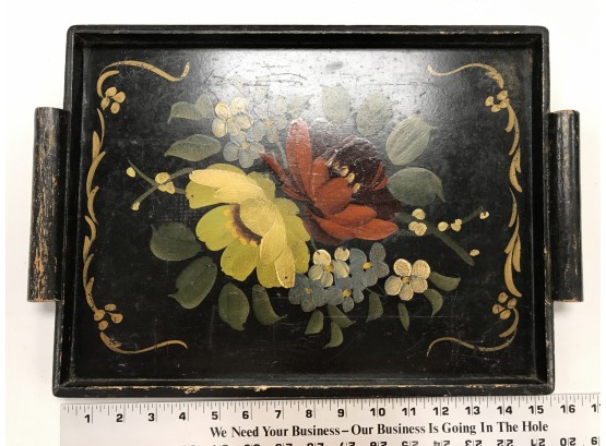 Vintage Black Hand-painted Tray With Floral Design, Approximately 15 Inches Long By 11 Inches