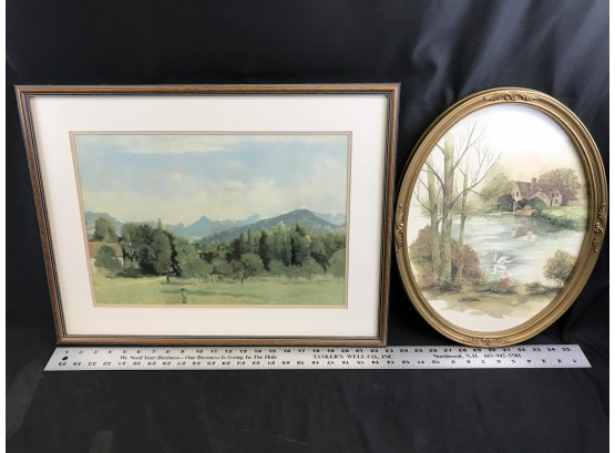 2 Framed Prints, Mountain Scene And Oval Picture Of Swan On Lake