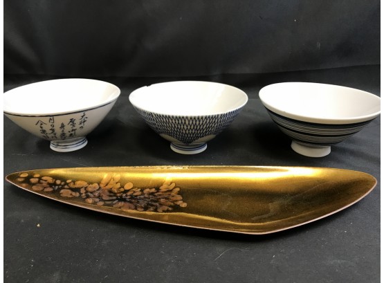 3 Rice Bowls, And Pretty Golden Design Tray