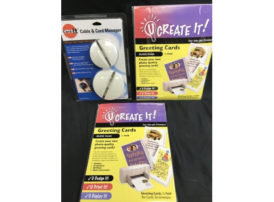 2 Packages Of Create It Greeting Cards And Cable And Cord Manager, New In Packages