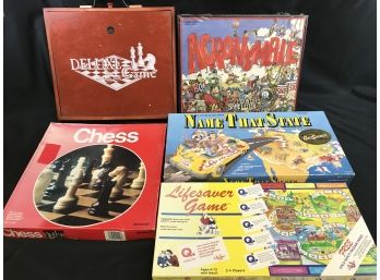 5 Board Games,  Chess, CheckersChess, Checkers, Lifesaver Game, Name That State,Acronymble