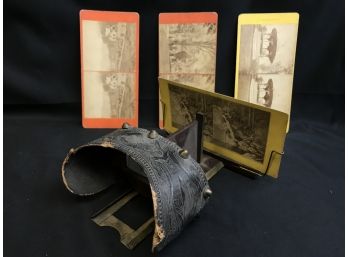Antique Handheld StereoScope With 4 Original Pictures From New York And New Hampshire, Stereograph