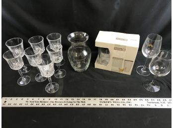 Wine Glasses, Glass Vase, Three Piece Bar Set In Box