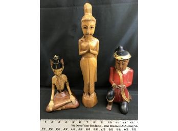 3 Wood Statues, Indonesian Warrior, Thai Statue, Prayer Lady Statue
