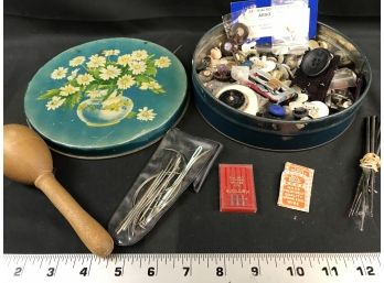 Vintage Sewing Supplies, Container Of Vintage Buttons, Needles, Darning Tool