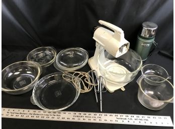 Vintage Sunbeam Mixer Untested, With Various Pyrex Bowls And Pans, Stanley Thermos
