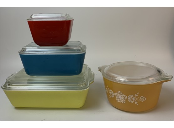 3 Vintage Pyrex Refrigerator  Boxes And 1 Qt Pyrex Covered Baking Dish