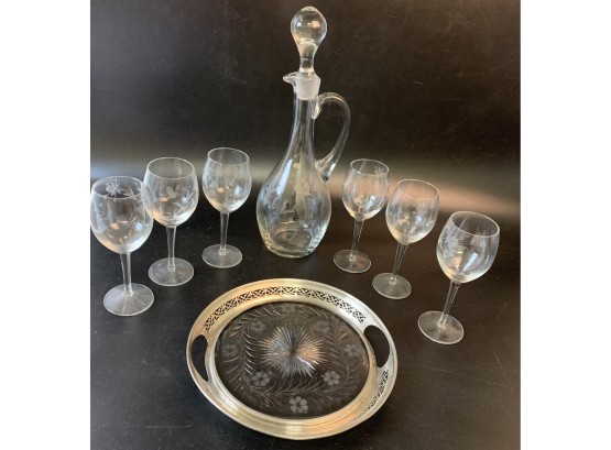 Etched Glass Wine Set/ Sterling & Glass Tray