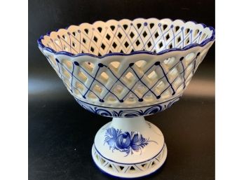 Footed Blue & White Fruit Bowl