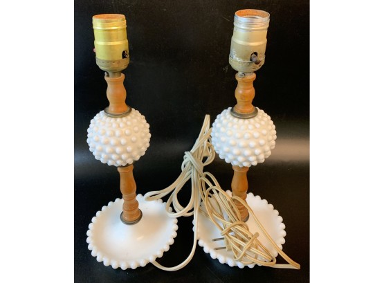 2 Glass Hobnail & Wood Bedroom Lamps