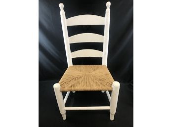 Vintage White Wood Ladder Back Chair With Rush Seat, 30 Inches Tall