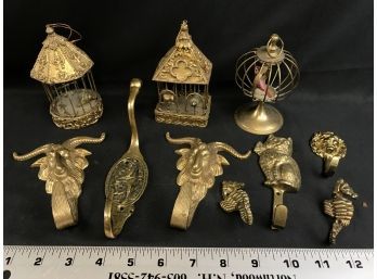 Various Brass Metal Wall Hooks And Miniature Bird Houses