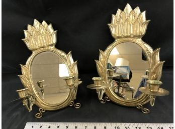 2 Brass Sconces For Two Candles With Pineapple Surround And Mirror