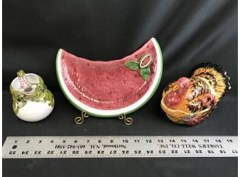 3 Items Made In Italy, Elephant Pitcher, Watermelon Tray, Turkey Container
