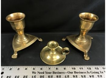 Pair Of Brass Footed Candlesticks And Handled Candleholder