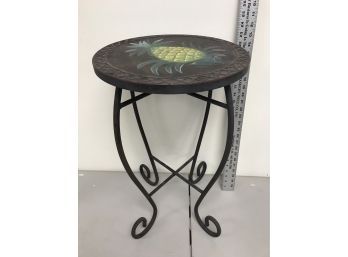 Metal Table Or Stand With Pineapple Picture, 22 Inches Tall 14 Inches In Diameter