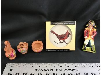4 Stone Bird Coasters Inbox, Three Miniature Clay Items,  And Soldier
