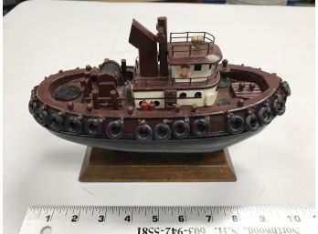 Tug Boat On Wood Stand Approximately 10 Inches Long