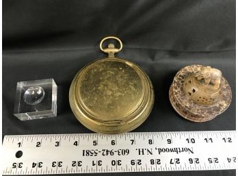 Brass Pocket Watch Ashtray, Elephant Trinket Box, Plastic Square