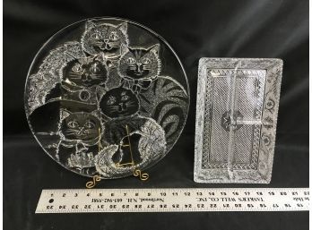 Glass Round Cat Platter And Three Section Glass Tray