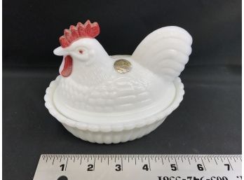 VINTAGE WHITE MILK GLASS HEN ON NEST CHICKEN CANDY DISH COVERED BOWL W LID