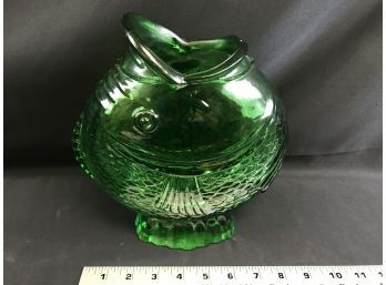 Large Green Glass Fish Vase, 9 1/2 Inches Tall
