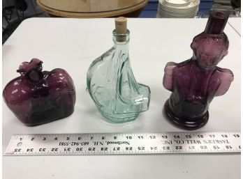3 Decorative Glass Bottles, Washington, Elephant, Ship