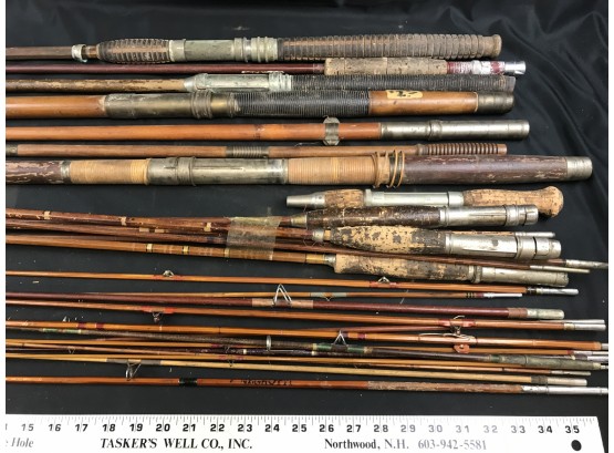 Large Lot Of Vintage Wood Bamboo Fishing Poles
