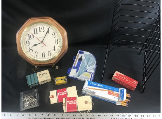 Quartz Clock, Vintage Tags And Staples, Mechanical Pencils, File Holder