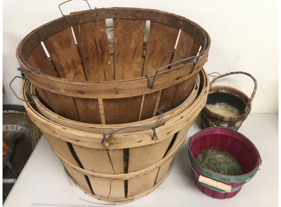 3 Large Vintage Wooden Picking Baskets And Two Small Baskets