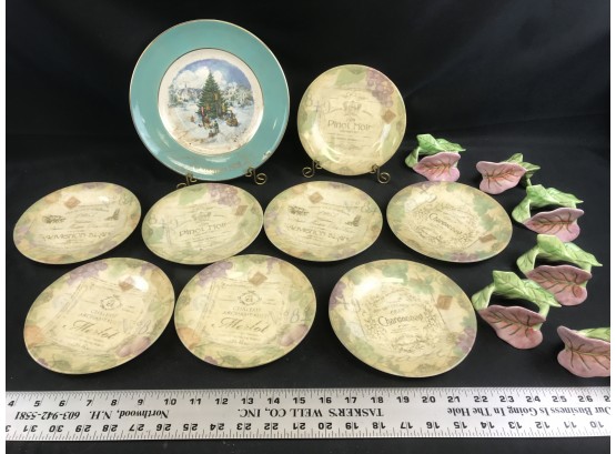 Wine Dessert Plates, Flower Napkin Holders, 1978 Wedgwood Christmas Plate
