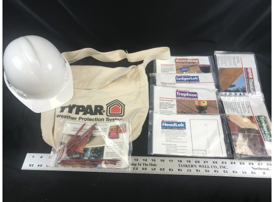 Lot Of Fastenmaster Screw Samples With Bits, Canvas Bag, White Construction Helmet