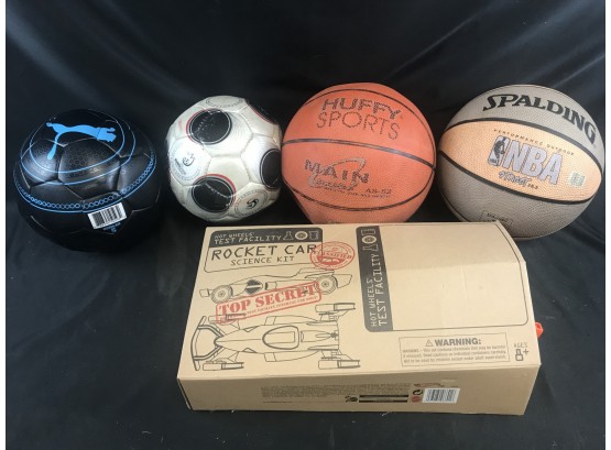 Hot Wheels Rocket Car, Two Soccer Balls, Two Basketballs