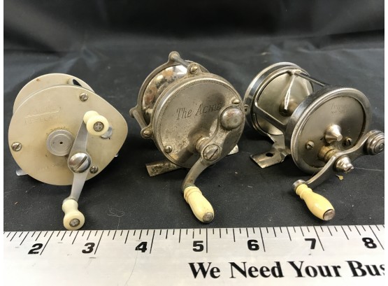 3 Vintage Fishing Reels, Langley Reelcast 500, Tripart #580, The Acme- F