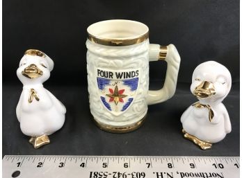 2 Ceramic Duck Figures And  Four Winds Hickok Mug Made In Japan