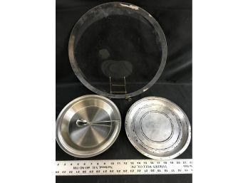 Glass Tray, 2 Metal Dishes And Spoon
