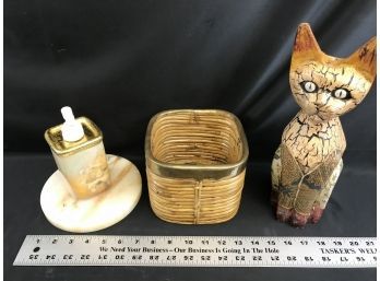 Lotion Container With Marble Round Base, Wood Container, Cat Statue