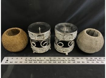 4 Decorative Candle Holders, Silver Tone With Beads And Gold And Silver Beaded Balls