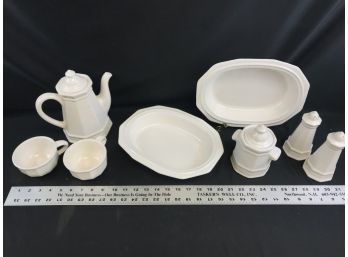Pfaltzgraff Heritage Heavy White Ceramic Tea Set, Sugar, Salt And Pepper, Two Serving Plates
